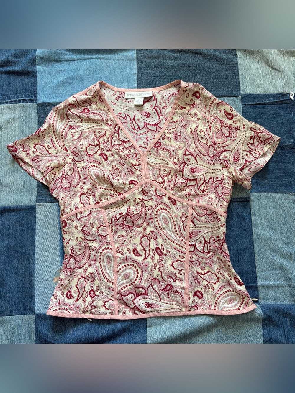 vtg y2k 100% silk petite sophisticates paisley pink cream blouse size 2